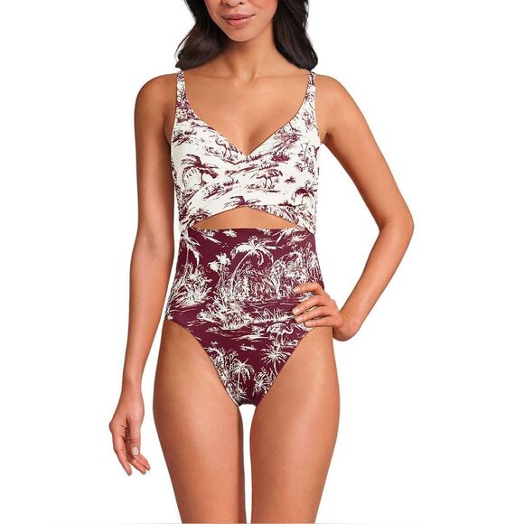 Land's End One piece monokini swimsuit adjustable egret burgundy scenic mix Var - Picture 4 of 7